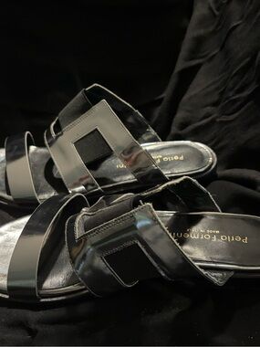 Black Patent Slide Sandals